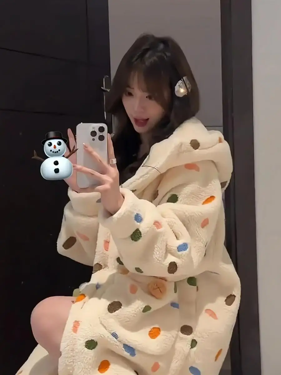  Polka Dot Coral Fce Spwear Women's Winter 2024 New Sweet Cute Hooded Long Robe Home Clothes Youth Fem