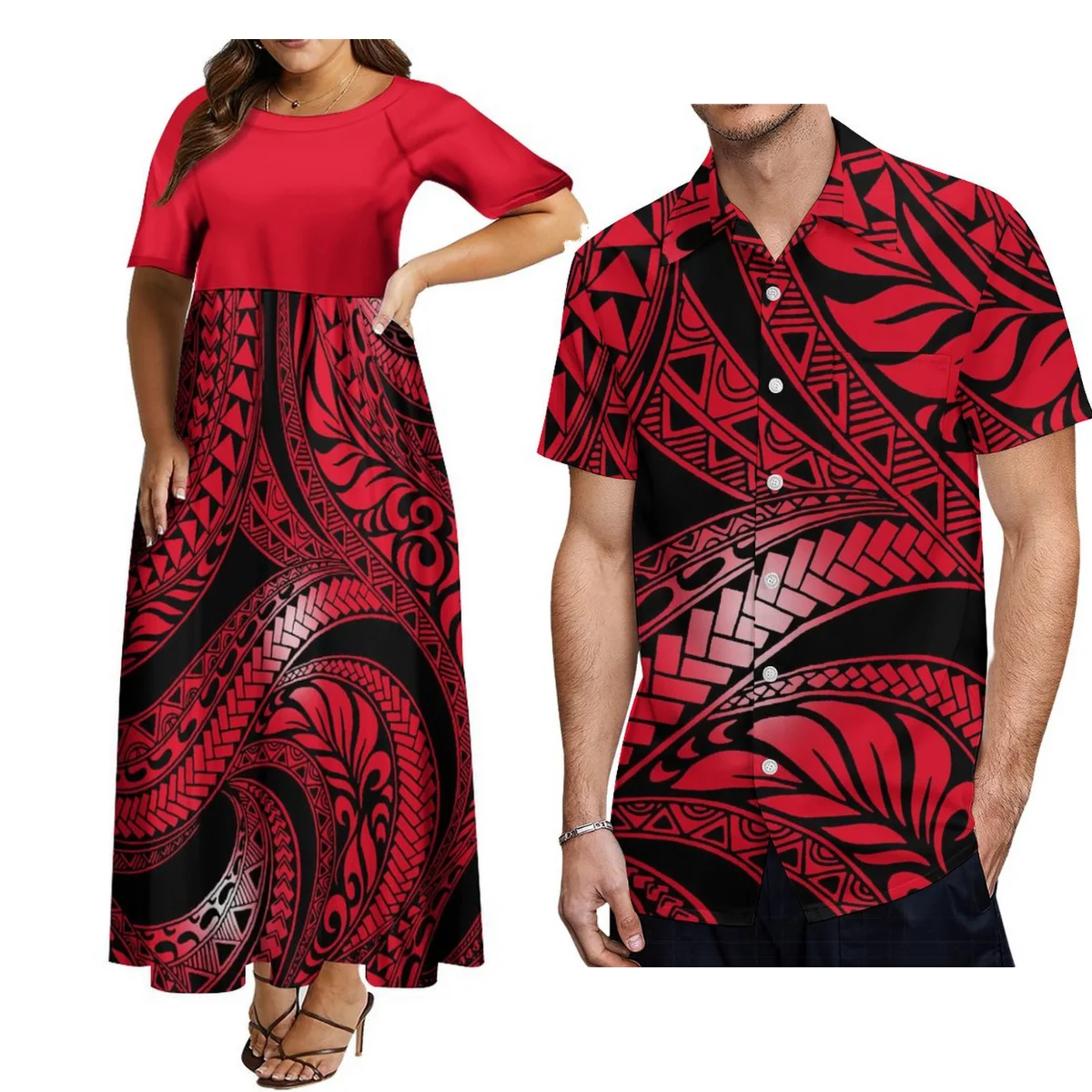 Samoa Combo Short Sleeve Dress And Shirt Hibiscus With Polynesian Pattern Blue Version main image 1