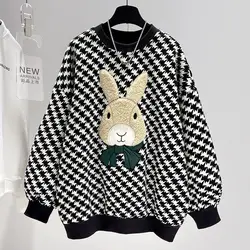 Autumn Pullover Womne Cartoon Rabbit Embroidery Luxury Designer Oversized Top Chessboard Plaid Thickened Winter Sweater Female C