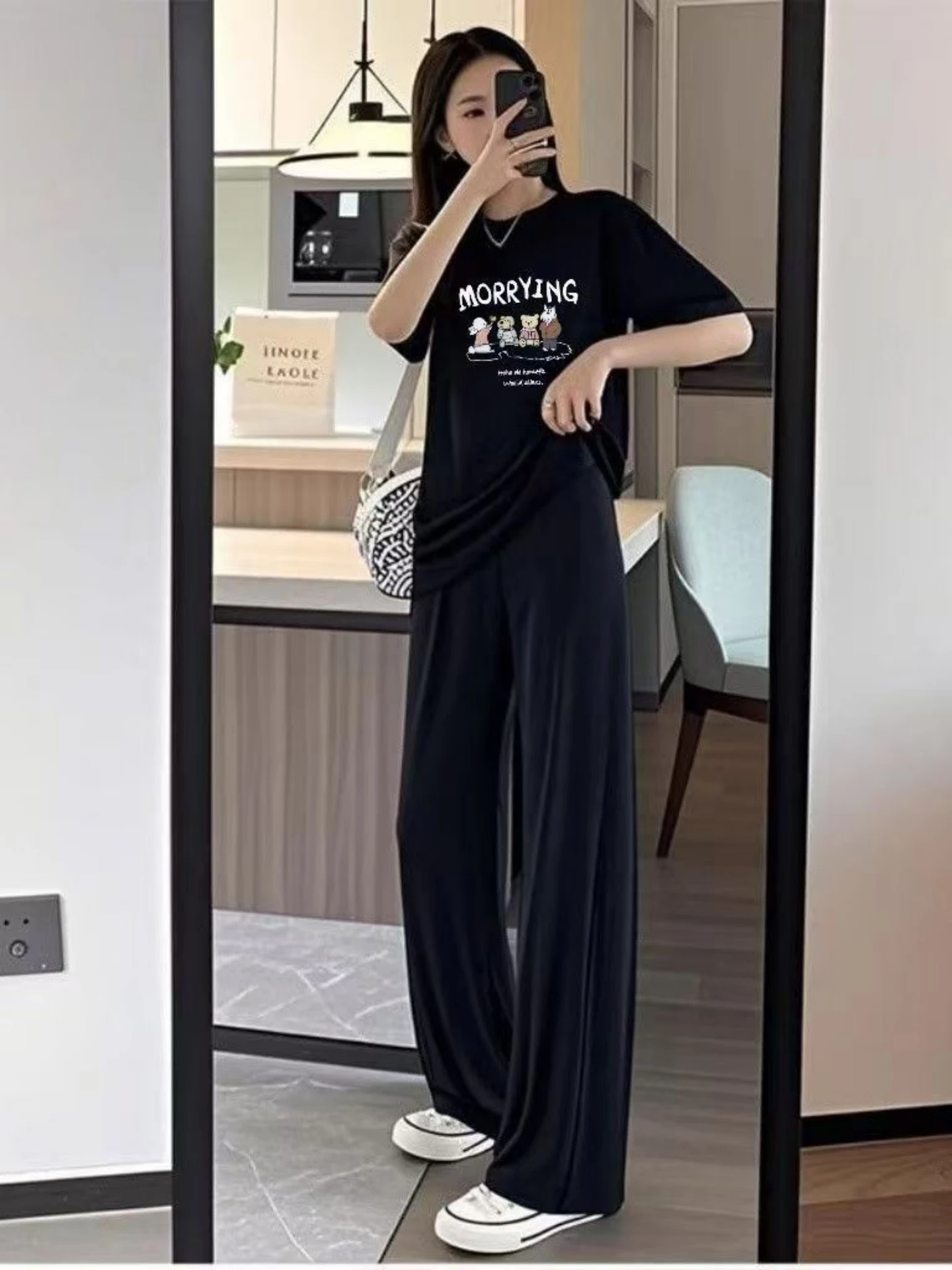 여름 출산복 반팔 루즈핏 와이드 팬츠 투피스 세트 여성 패셔너블한 나이를 초월하는 한국 스타일 임산부 의류