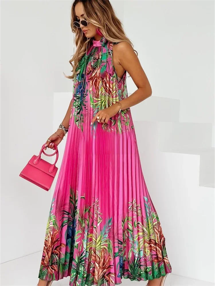 Wmstar Women Dress Lady Casual Loose Halter Pleated Maxi Fashion Leaf Print Sleeveless Beach Boho Elegant Halter Long Dresses