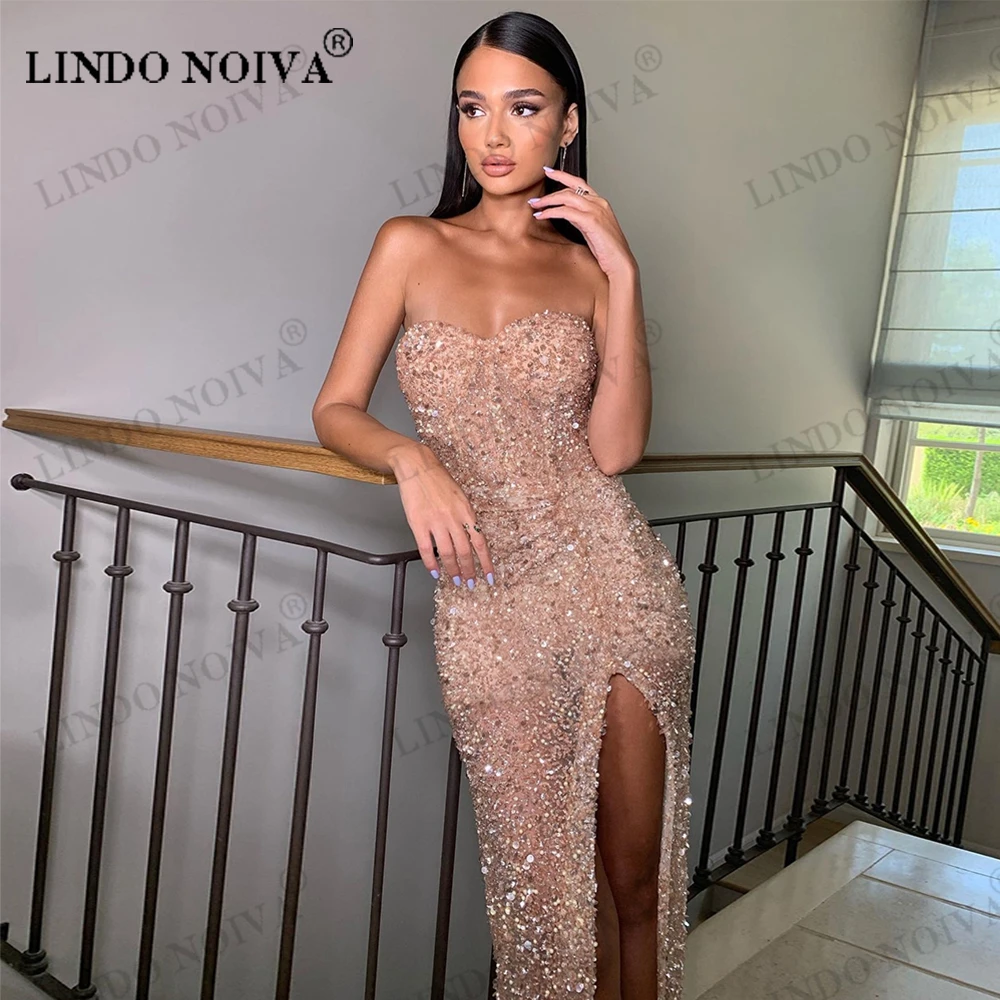 

LINDO NOIVA Sequin Sweetheart Prom Dresses Sleeveless Sexy Prom Gown Long High Slit Backless Strapless Formal Party Dress