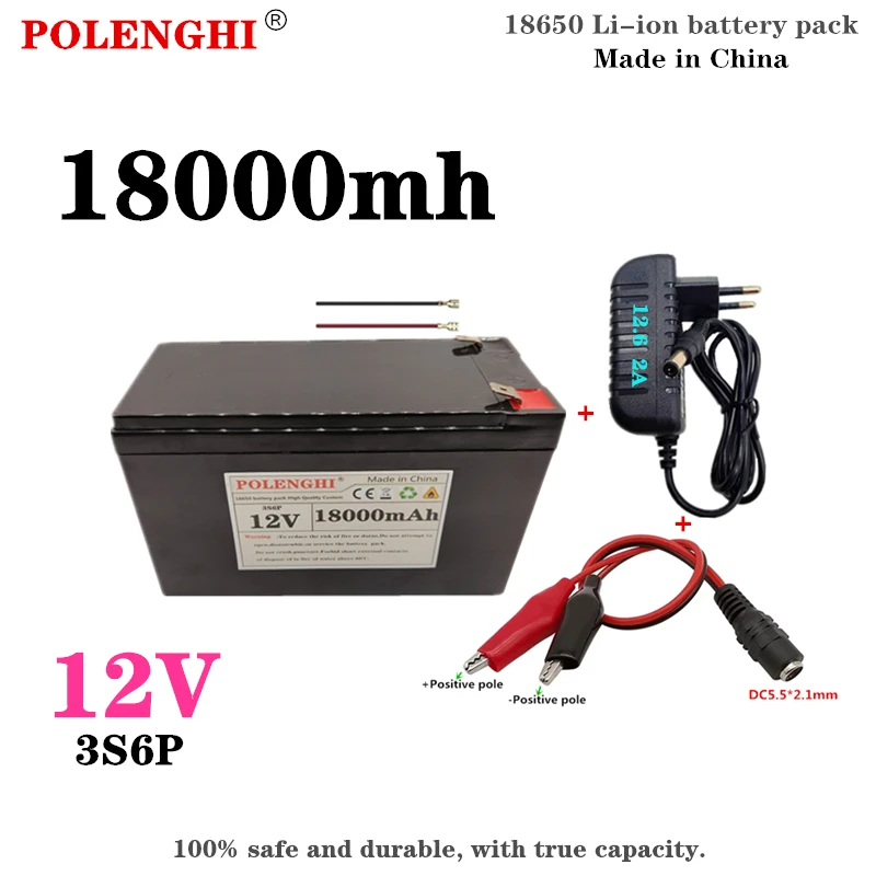 

POLENGHI real capacity 3S6P 12V 18Ah 18650 lithium battery pack, built-in 20A BMS+12.6V 2A charger for spray electric vehicles