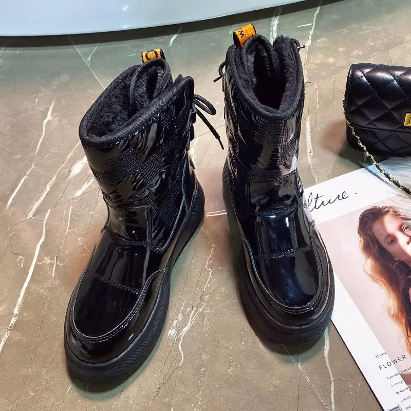 Waterproof Warm Women Snow Boots Ankle Boots Shoes Platform Botas Mujer PU Leather Winter Thick Plush Boots Ladies Snow Shoes