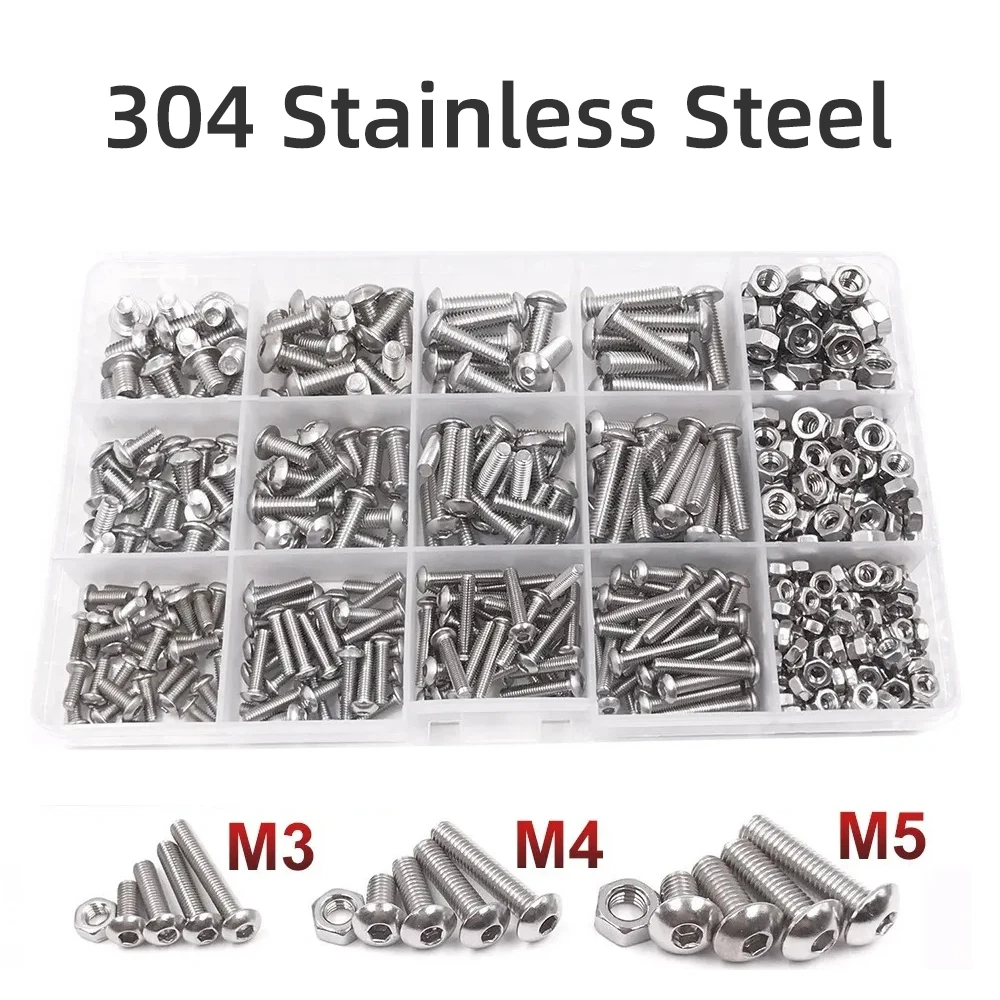 Hex Botão Soquete Cabeça Parafuso Rosca Hexagonal Máquina Metric Porca Parafuso Variedade Kit Grupo m3 m4 m5 500 Pcs 340 Pcs Aço Inoxidável