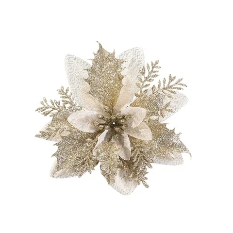 

10pcs Artificial Flowers Glitter Christmas Flowers 13cm Merry Christmas Decorations for Home Navidad 2021 Happy New Year 2022