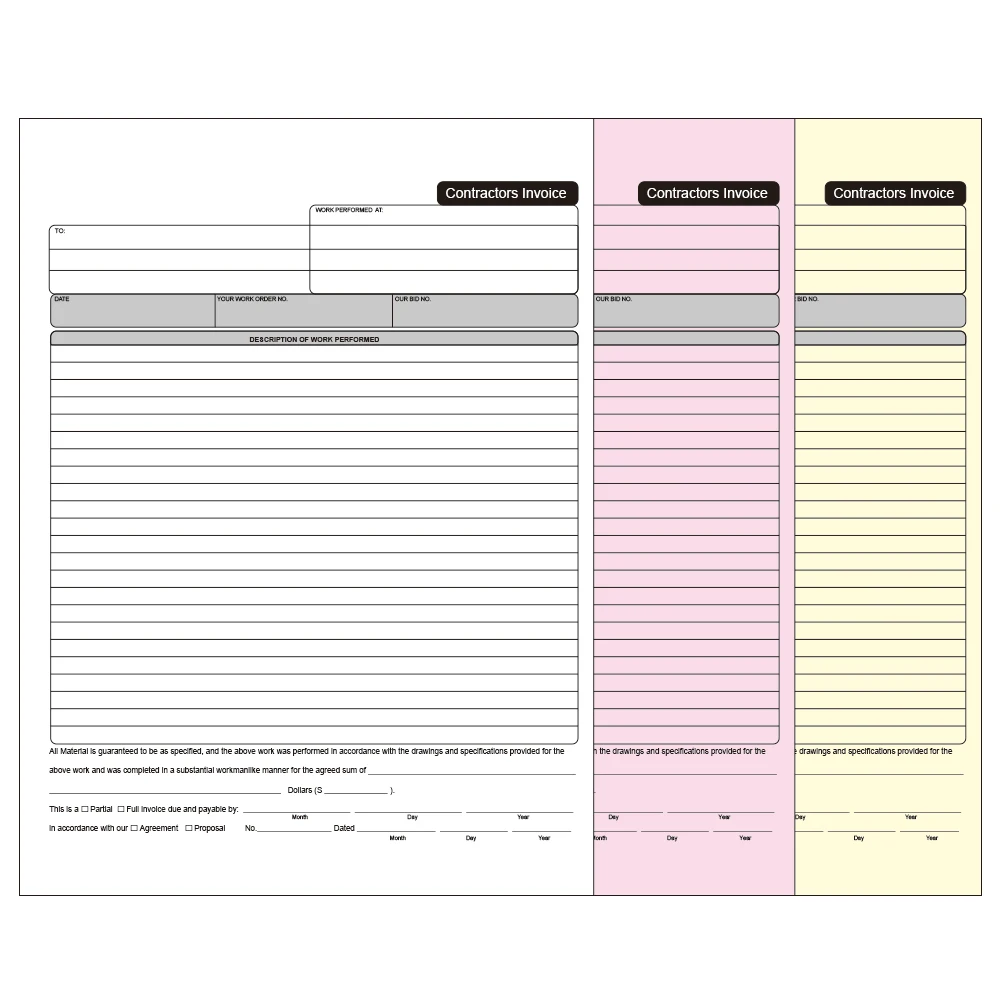 Contractor Invoice Forms, 21-29cm, 3-Part, Carbonless, 30-Pack, White, Canary and Pink