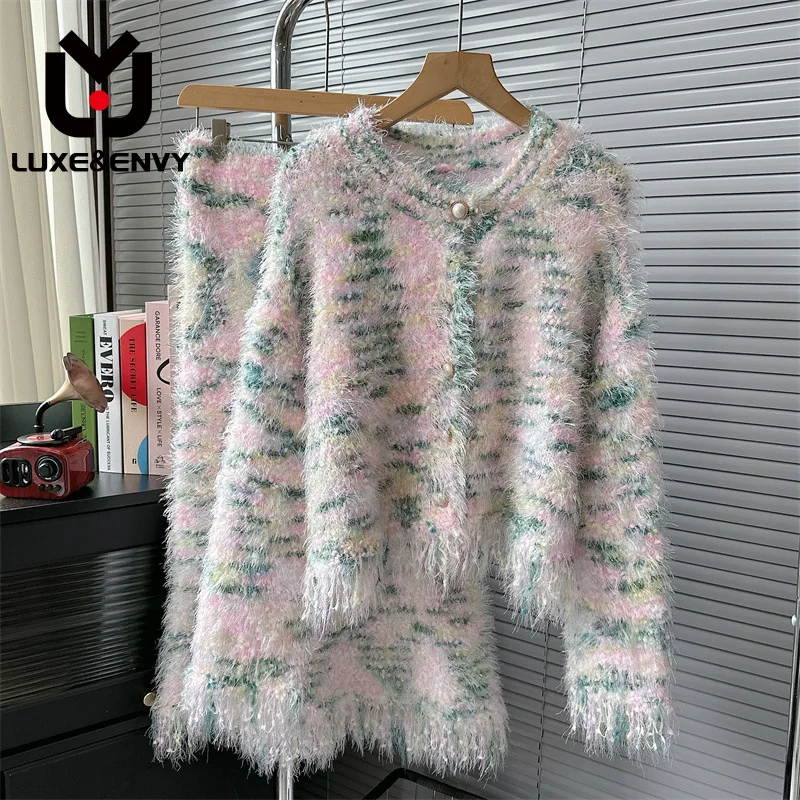 

LUXE&ENVY New Hong Kong Style Chic Temperament Small Fragrance Round Neck Cardigan Top+Skirt Loose Fit Small Sweater 2023 Autumn
