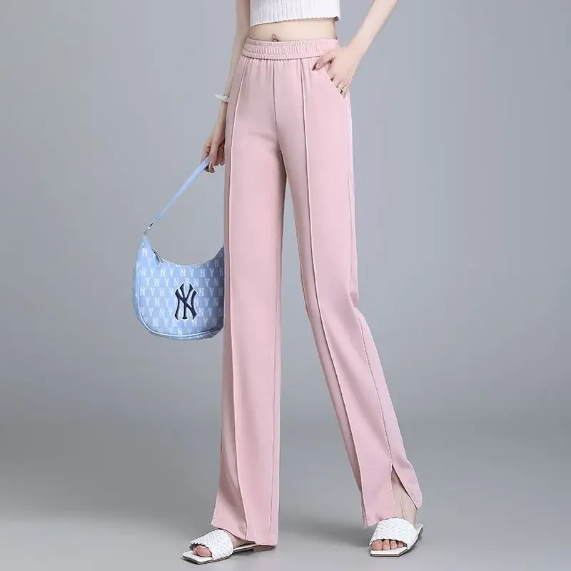 Ice Silk Straight Tube Pants Y2k Women's Summer Thin 2023 New Elastic High Waist Casual Slim Slim Split Drop Long Trousers