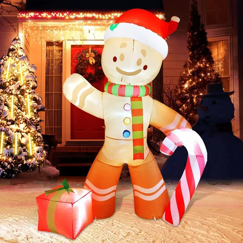 

8FT Christmas Inflatable Gingerbread Man with Candy Cane LED Lighted Blow Up Decoration Outdoor Garden Xmas Holiday Party Décor