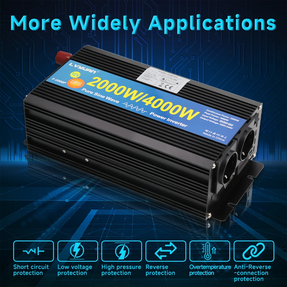 Description Picture 5 of item2000W/4000W Uninterruptible Power Supply Pure Sine Wave Power Inverter Charger & UPS DC 12V/24V to AC 220V 230V Universal socket