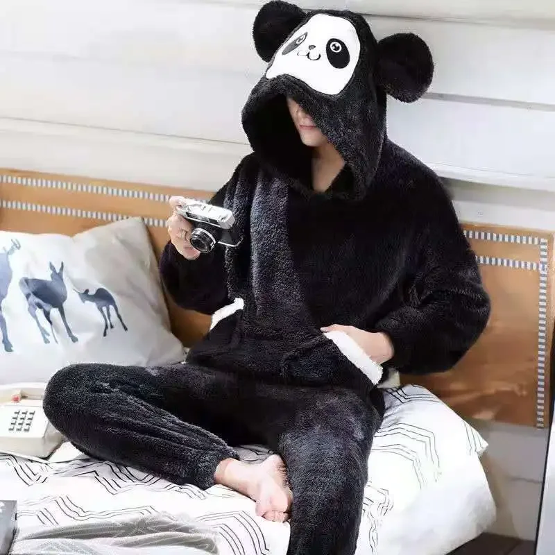 Men Winter Thickened Coral Fleece Pajamas Set Plush Hooded Home Suit Long Sleeve Cartoon Flannel plush pajamas pajamas set flannel pajamas set man pajamas set 2PCS Set Warm Nightwear 5XL