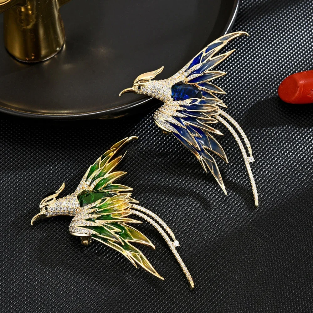 Colorful Enamel Phoenix Bird Brooch Five Color Crystal Animal Jewelry Banquet Party Brooches Birthday Gifts for Women