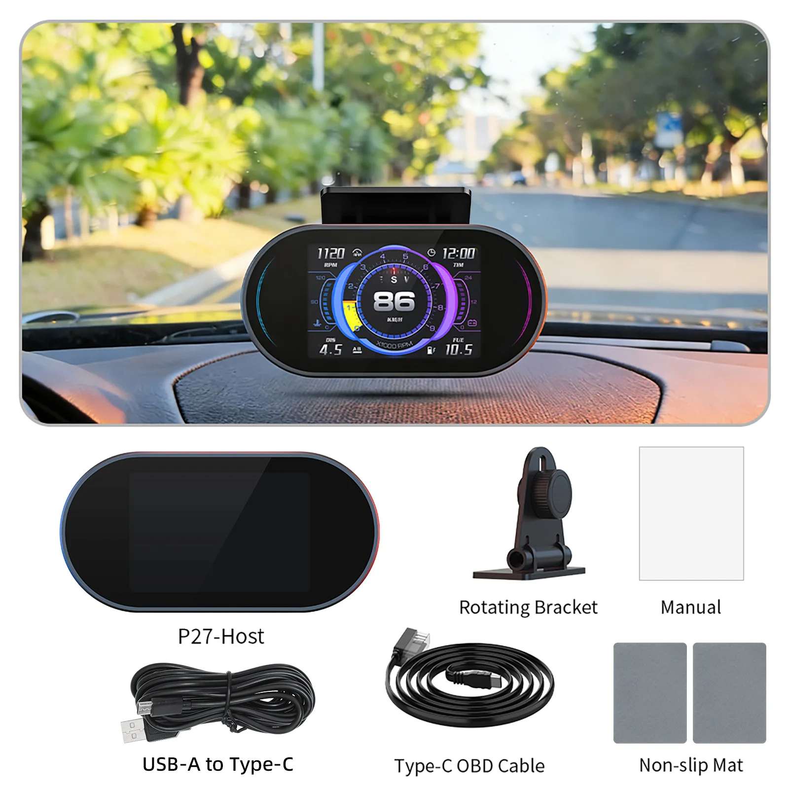 자동차 헤드업 디스플레이 P27 게이지 고화질 속도계 자동차 진단 도구 OBDⅡ+GPS 스마트 OBD 오류 코드 제거
