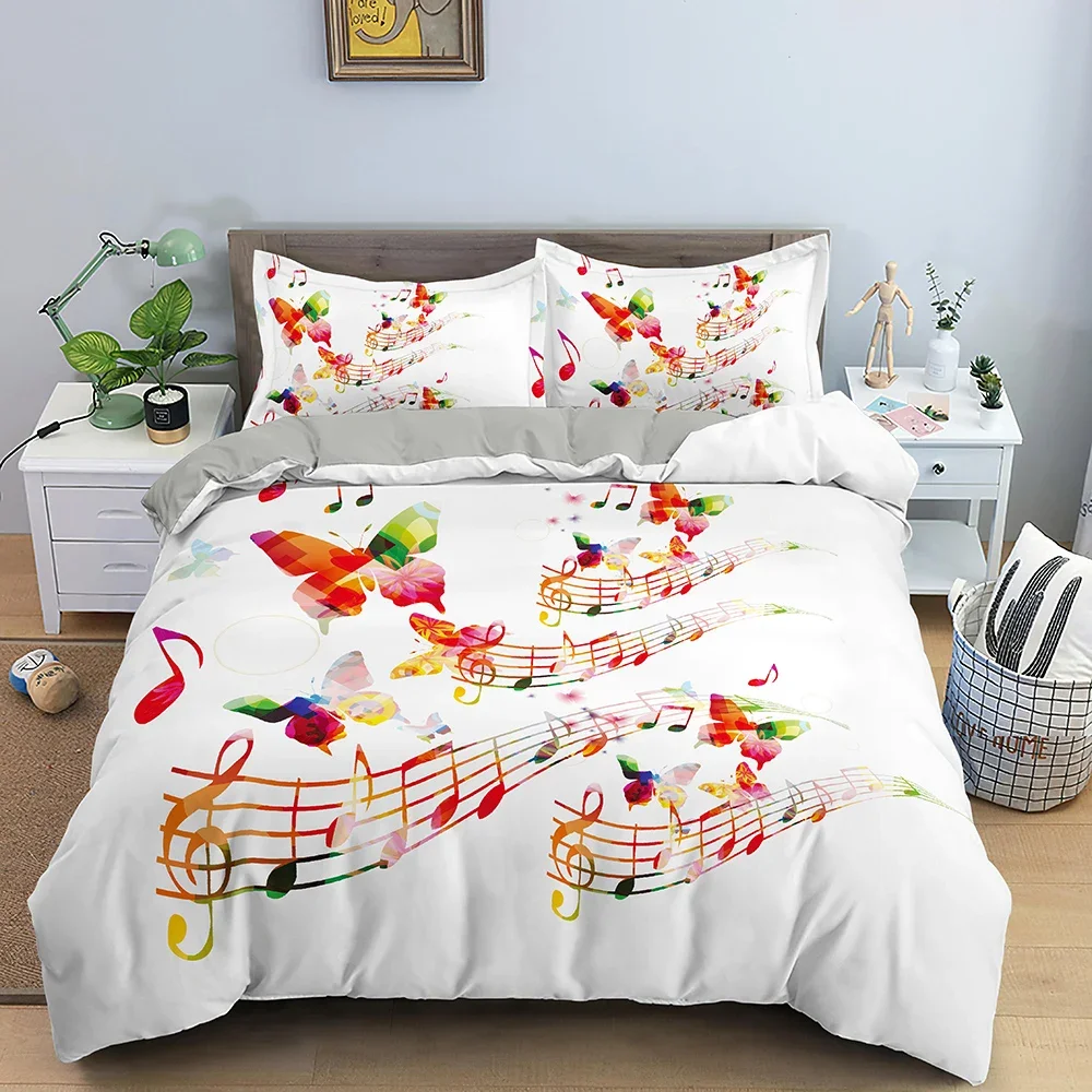 Bettwäsche-Set mit Musiknoten, 3-teilig, Bettbezug mit Musikmotiv, King/Queen-Size, modischer, psychedelischer, weicher Bettbezug mit Kissenbezug – Detail 18