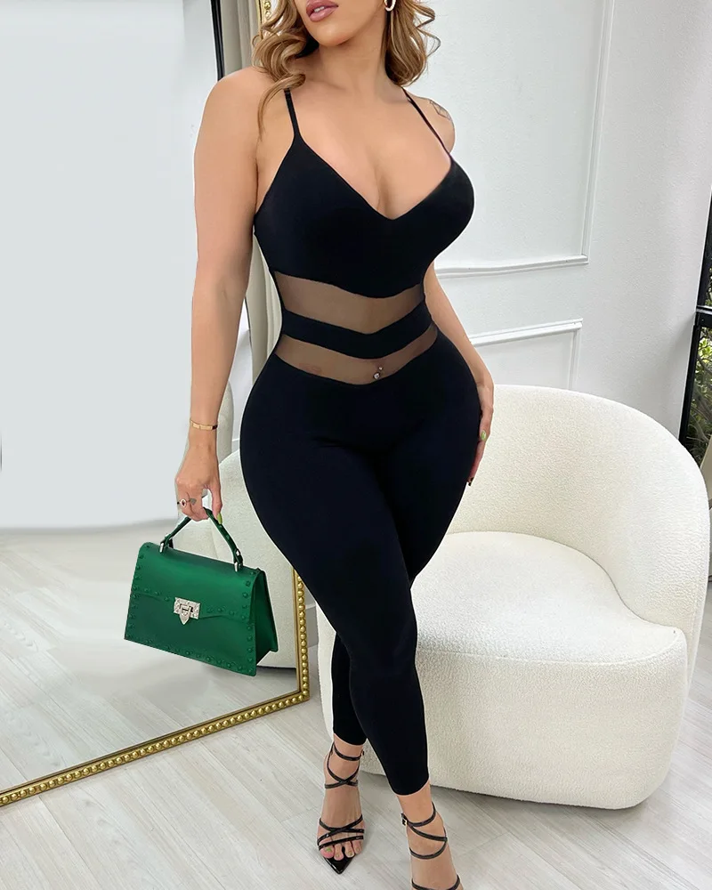 

Sheer Mesh Patch Crisscross Backless Jumpsuit Women V Neck Sleeveless Summer Spring High Waist Overall Pants Jumpsuits