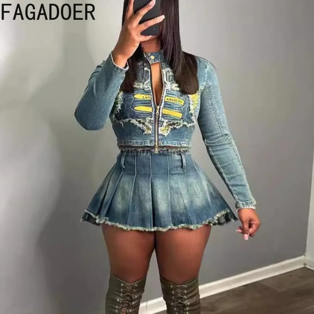 FAGADOER Retro Fashion Y2K Denim Embroidery Two Piece Sets Women Zipper Long Sleeve Crop Top And Pleated Mini Skirt Outfits 2024