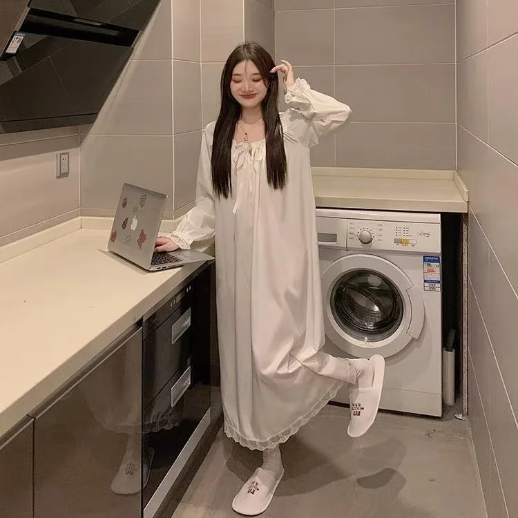 Women Nightgowns Long Sleeve Night Dress Large Size Loose White Sleep Shirts Pajamas