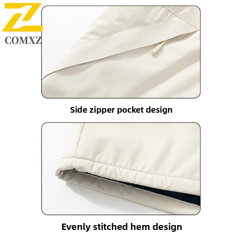 COMXZ 2025 Winter New Couple Gathered Sleeve Seam Fleece Lined Jacket Versatile Workwear Outdoor Waterproof Big Size Plush Coat