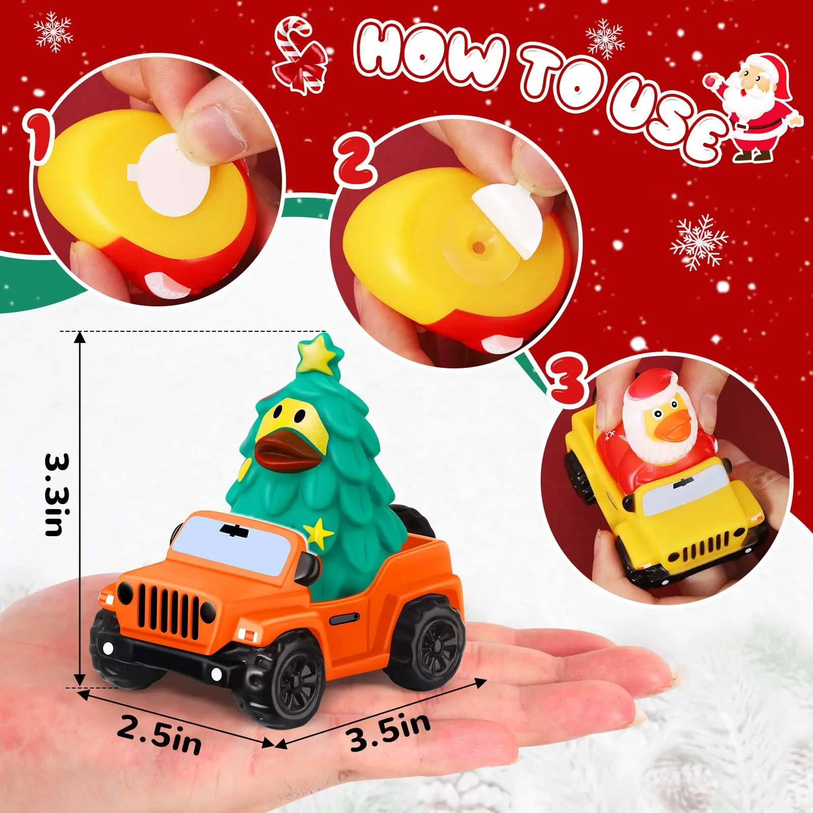 24 Pcs Christmas Jeep Ducks Rubber Ducks, 3.5 Inch Jeep Ducks for Ducking, Jeeps Suitable for 2 Inch Ducks, 12 Christmas Rubber 5