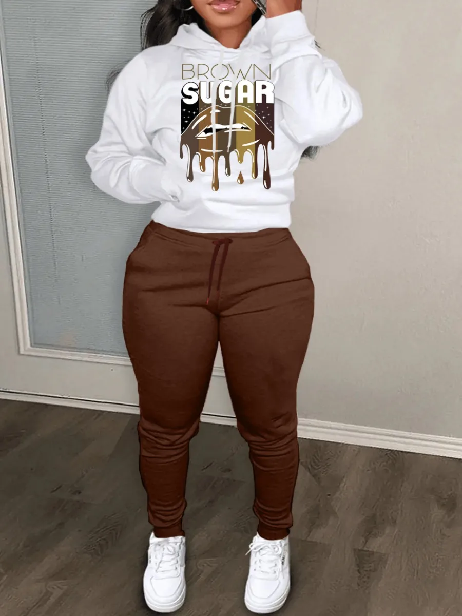 Plus Size Lips Letter Print Kangaroo Pocket Tracksuit Autumn Winter Long Sleeve Hoodies
