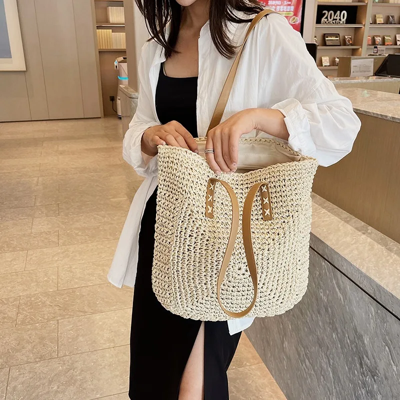 Simple and Large-capacity Straw Woven Bag Fashion Summer Beach Women's Shoulder Bag Trendy Zipper Handbags for Girls