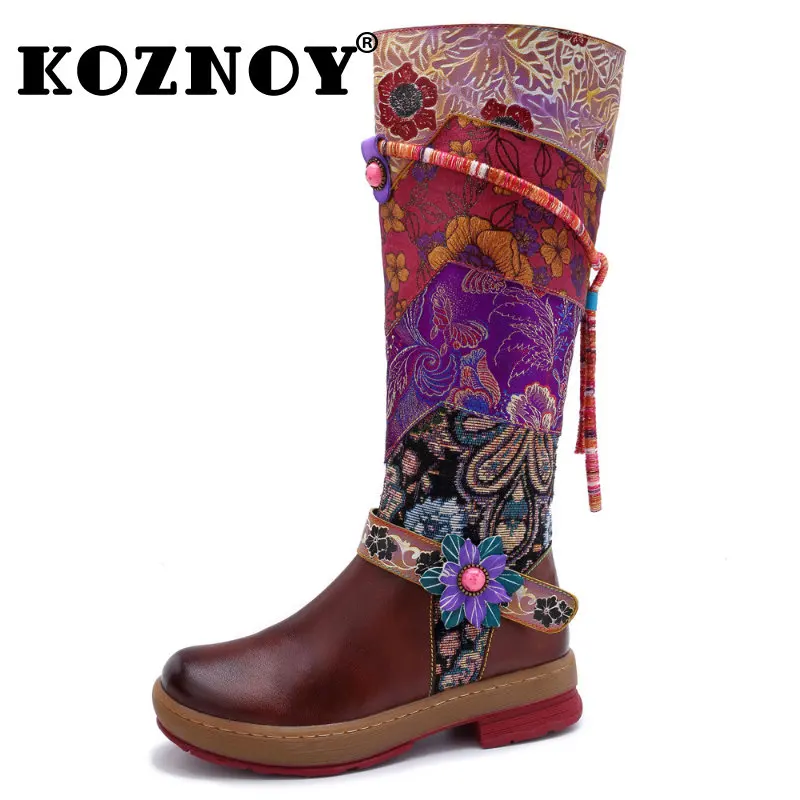 

Koznoy 4cm Print Cloth Genuine Leather Ankle Knee High Boots Woman Flats Ladies Appliques Flower Autumn Spring Plus Size Shoes