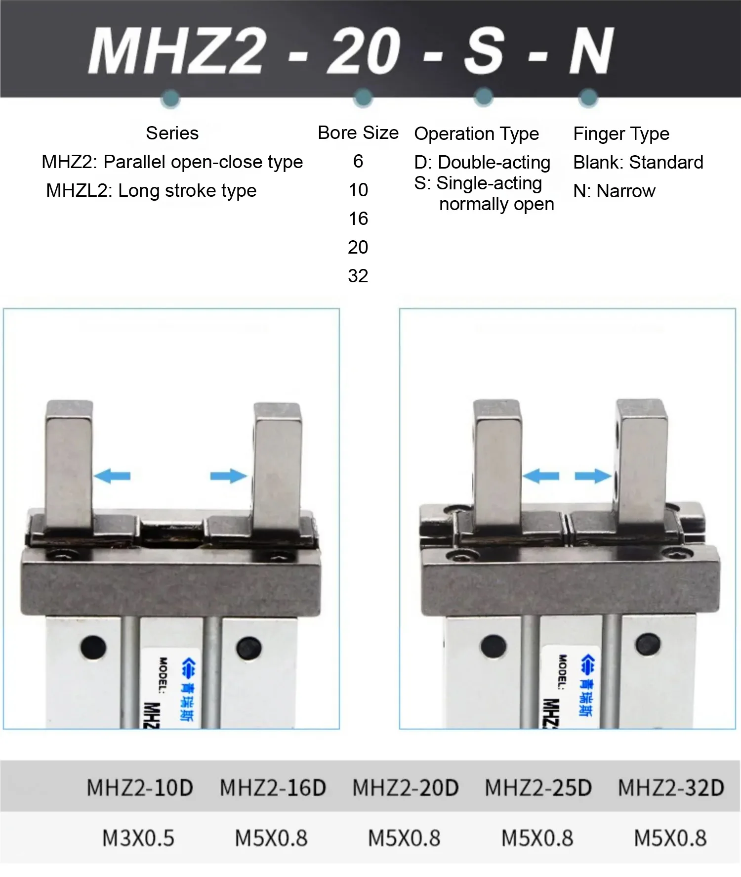 MHZ Pneumatic Parallel Gripper M3X0.5 M5X0.8 Thread Stainless Steel Air Finger C
