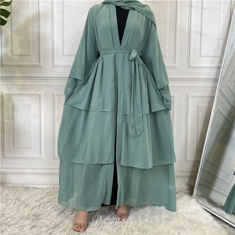 Chiffon Layered Open Abaya Dubai Muslim Dress Luxury High Class Islam Eid Abayas for Women Caftan Arabic Kimono Femme Musulmane