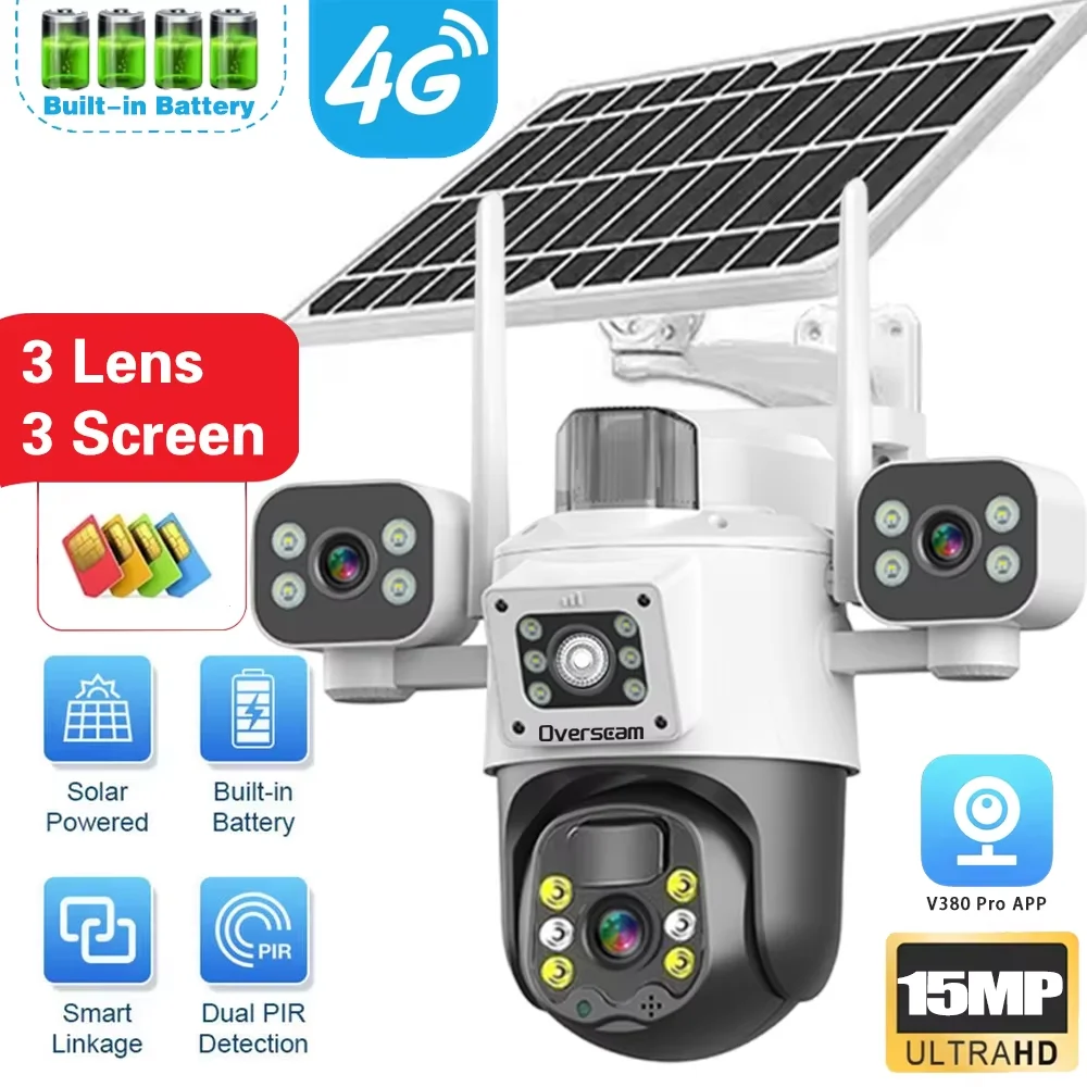 4G SIM Card V380 Pro 3 Lens IP Solar Camera 15MP Outdoor