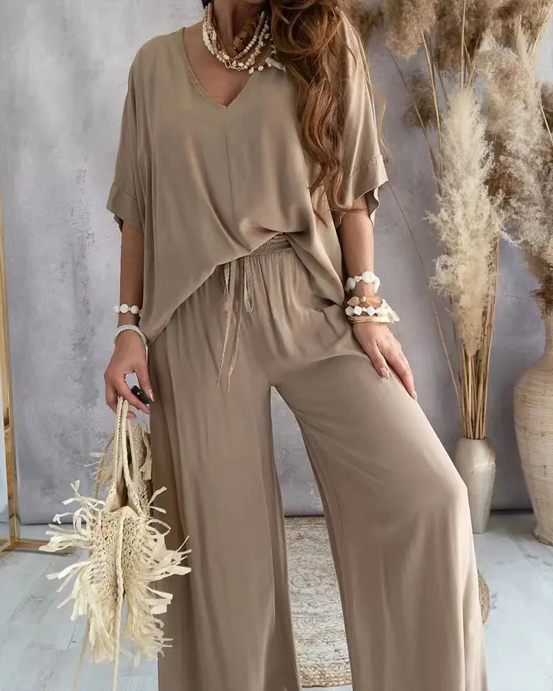 Urban Loose Printed V-Neck T-Shirts Tops& Drawstring Wide Leg Pants Suits