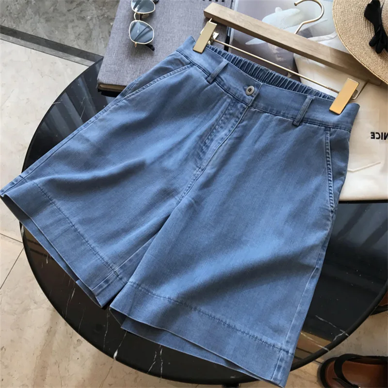 Hong Kong Style Retro Sense 2024 Summer New Style Casual and Cool Semi-elastic High-waisted Five-point Jeans Shorts for Women