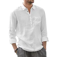 Spring Summer Men Linen Shirt Solid White Long Sleeve Baggy Casual Button Shirt With Pocket Male Loose Tops Blouse