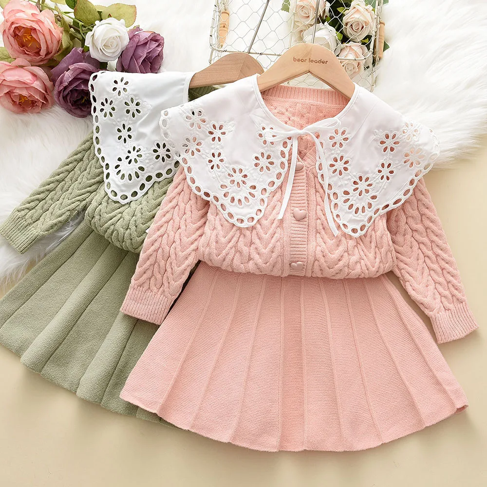 

Melario Girls Clothes Autumn Winter Hollow Doll Collar Lace Sweater Cardigan Solid Pleated Skirt 2 Pcs Sweet Girl Costume2-6 Y