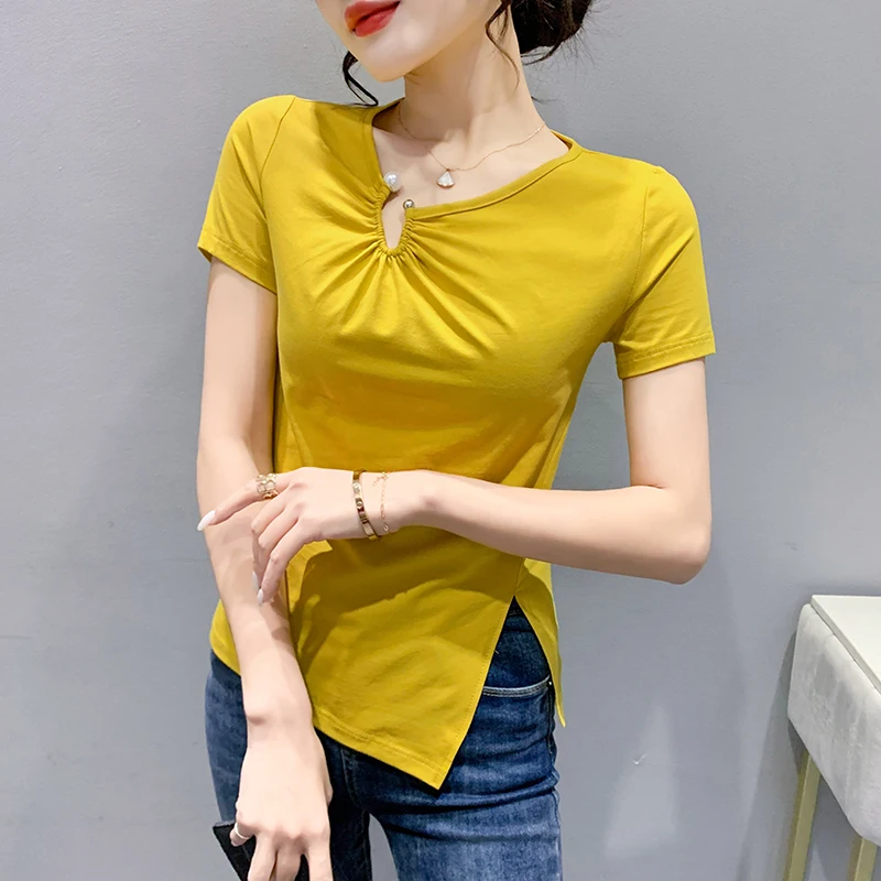 

2023 New Summer European Clothes Cotton T-Shirt Women's Chic Sexy Skew Collar Irregular Cross Tops Short Sleeve Solid Tees 35009