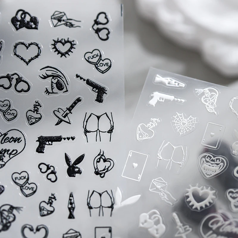 1 Sheet 5D Realistic Relief Sexy Night Life Gun Poker at Lane End Neon Area Adhesive Nail Art Stickers Decals Manicure Charms 2