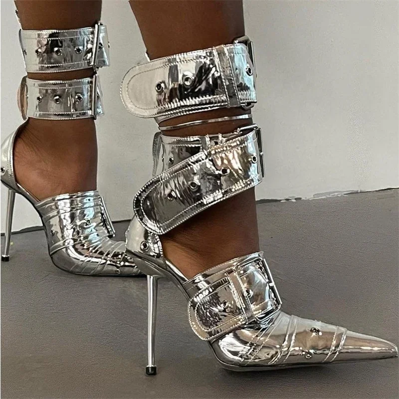 Denim Metal Rivet Buckle Silver Sandals Women\'s Sexy Punk Style Pointed Metal Hollow 12cm High Heels Size 34-43 Womens Shoes