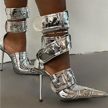 Denim Metal Rivet Buckle Silver Sandals Women's Sexy Punk Style Pointed Metal Hollow 12cm High Heels Size 34-43 Womens Shoes 1
