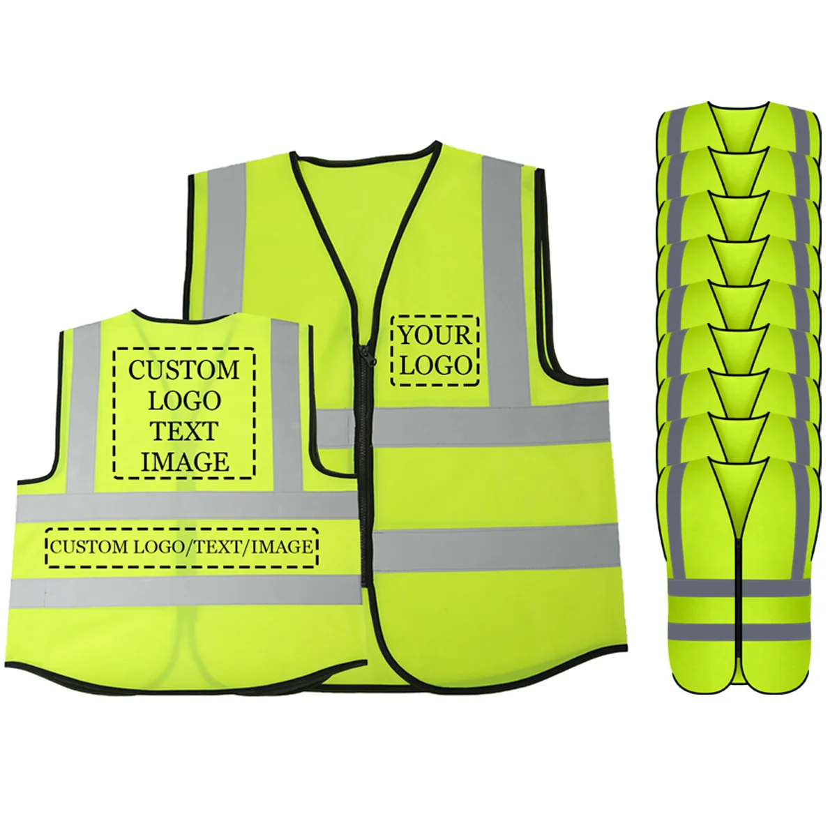 

10 Pack Reflective Safety Vest Front Zipper Neon High Visibility Adults Traffic Workwear Construction Work Security Volunteer