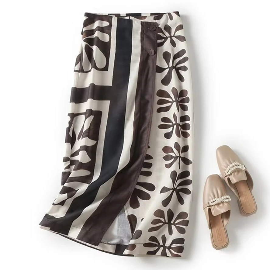 Dave&Di Bohemian Retro Print High Waist Rainforest Straight Skirt Women Fashion Ladies Midi Skirt