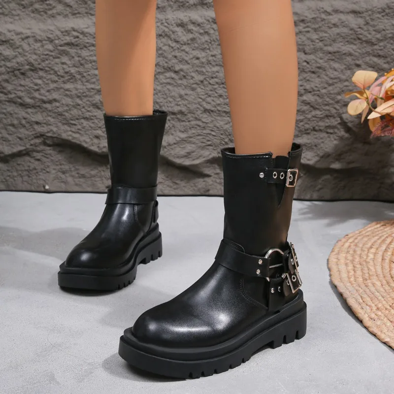 TSTCTB Fashion Buckle Motorcycle Boots Women Pu Leather Platform Ankle Boots Women Thick Bottom Non-Slip Autumn Botas Mujer 2023