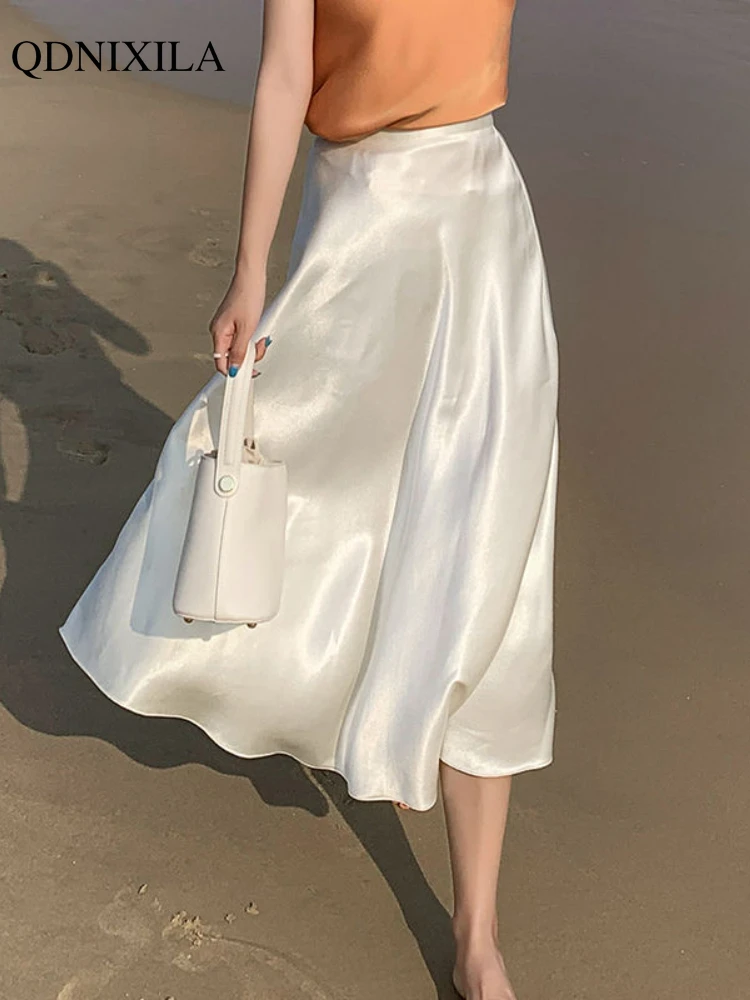 Satin Midi Skirt Street Style Women Satin Mid Length Skirt White Satin Midi Skirt Street Style Women Satin Mid Length Skirt White