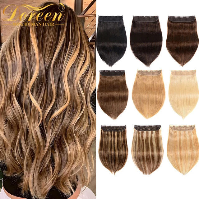 Clip In Hair Extensions wigs One Piece Natural Human Hair Clip in with 5 clips Wear to Go Hairpieces Natural Hair Balayage Blonde 1