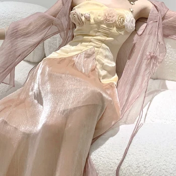 Flower Beach Party Two-piece Dress Women Summer France Vintage Strap Dress Suit Female Chiffon Midi Dress + Pink Cardigan 2023