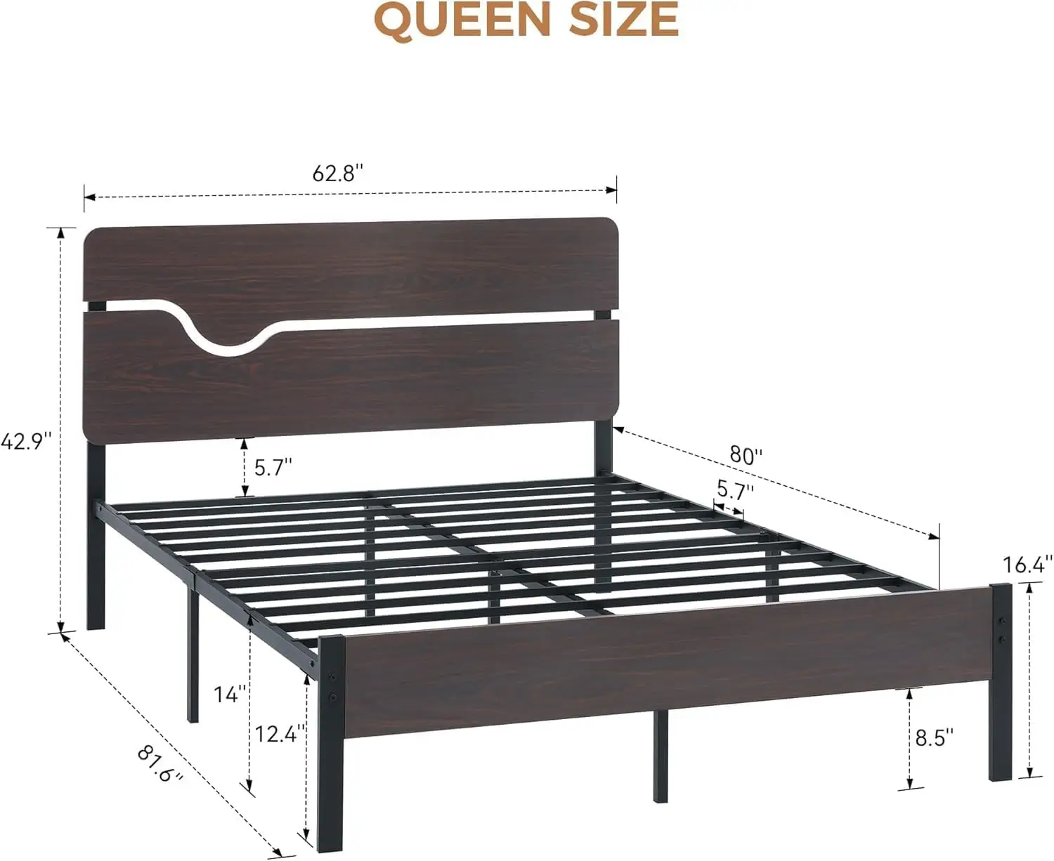 Queen Bed Frame with Headboard and Charging Station, Industrial Platform Bed with 12.4" Underbed Space, Metal Slats Support