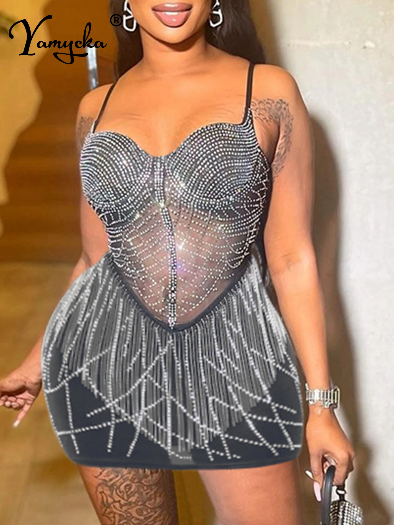 

Sexy see through mini rhinestone summer dress women 2024 bodycon evening dresses night club mesh birthday party dress vestidos