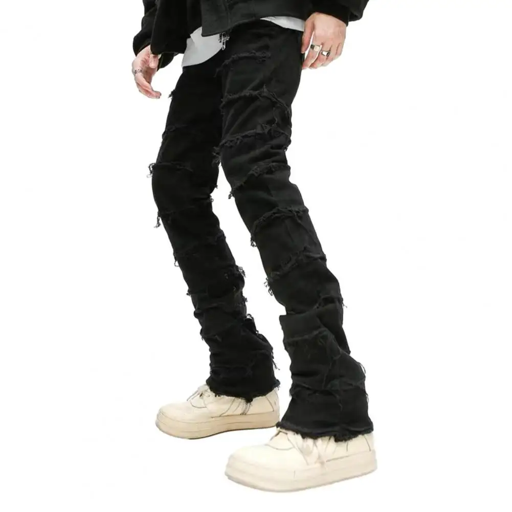 

Hip Hop Long Trousers Streetwear Men's Ripped Denim Pants Slim Fit Straight Leg Hip Hop Trousers Solid Color Burr Edge Mid-rise