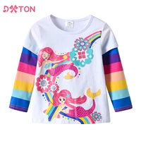 DXTON Girls Rainbow Sleeve T-shirts Spring Mermaid Printed Children Girls Tops Floral Toddlers Cotton Tees Cartoon Kids Outfits 1