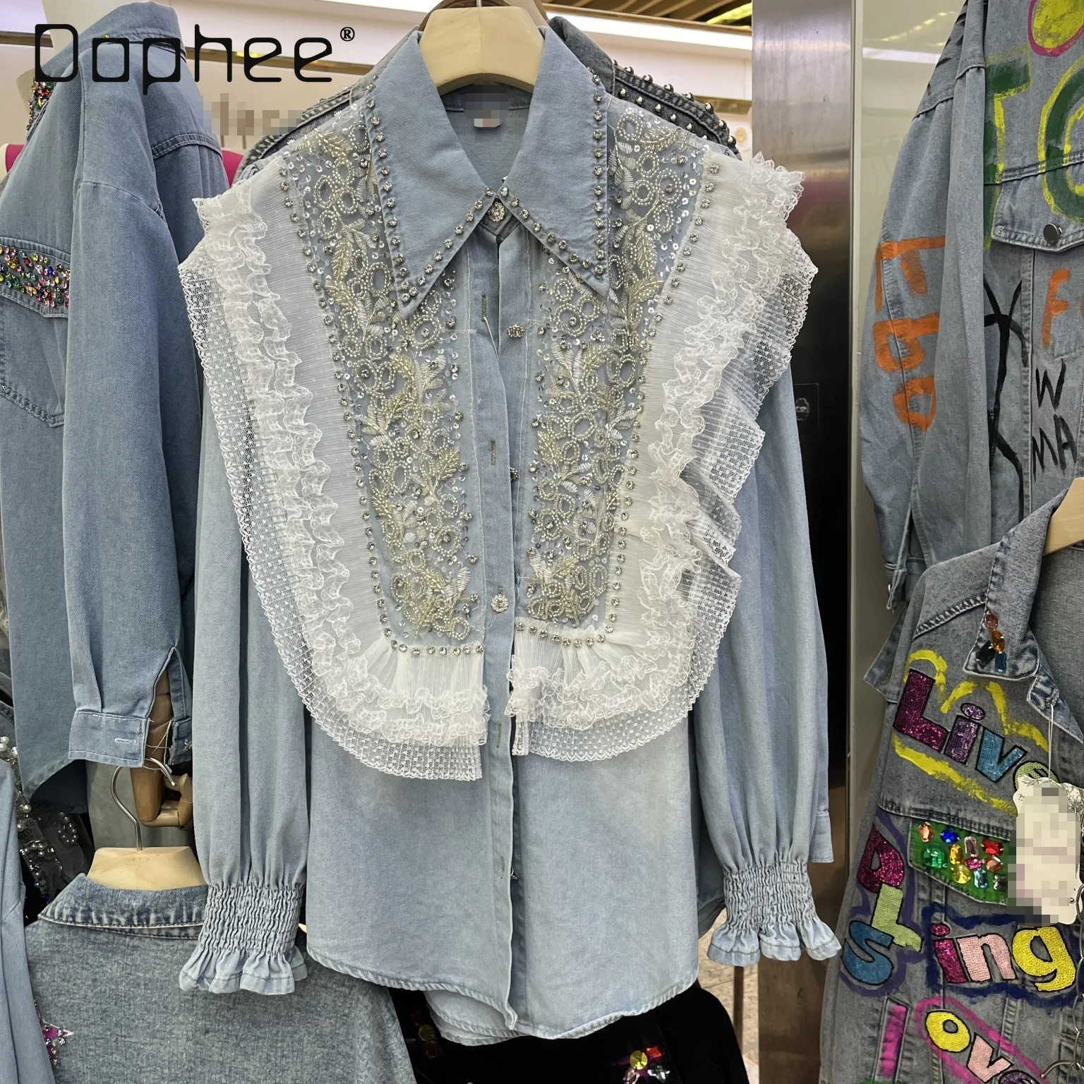 Women's Sequined Pearl Rhinestones Jean Blouse 2024 Spring New Woman Clothing Lace Edge Stitching Pointed Collar Denim Shirts korean style streetwear jeans ultra shorts blue women summer y2k fashion vintage high waist raw edge shorts straight denim pants