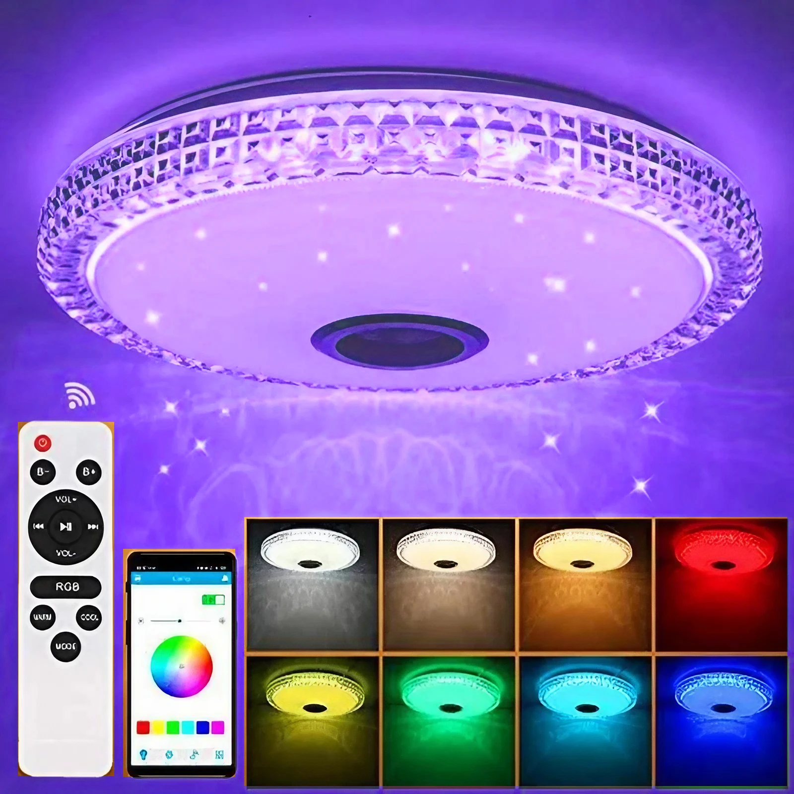 스마트 램프 천장 RGB LED 조명, 밝기 조절 앱 제어 블루투스 스피커, 홈 침실 거실 주변 조명, 300W